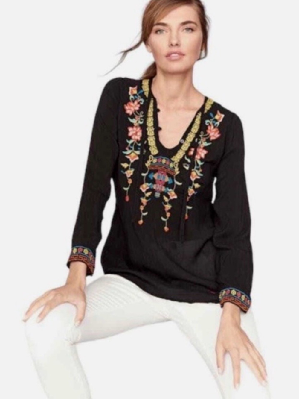 Johnny Was Women's Medium Suko V-Neck Embroidered Blouse Long Sleeve Rayon M Med